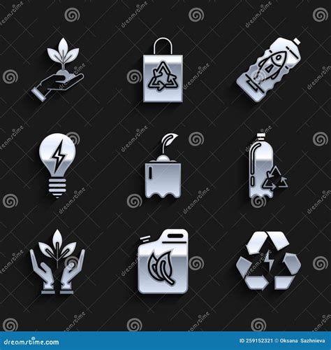 Set Sprout in Bottle, Bio Fuel Canister, Battery with Recycle Symbol