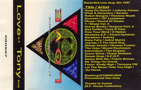Tony – Tony Live at Love SF 8/9/1997 (1997, Cassette) - Discogs