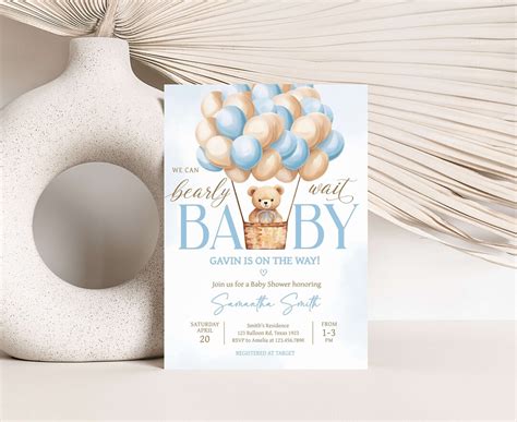 Editable Hot Air Balloon Bear Baby Shower Invitation We Can Bearly Wait Boy Baby Shower Invite