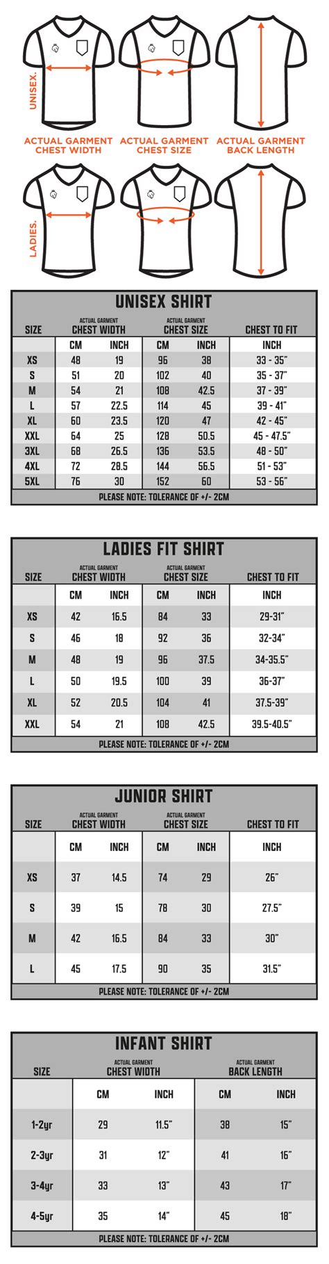 Shirt Size Guide - Hope and Glory Sportswear