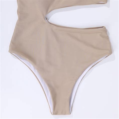 Women Swimsuit Nude Color Single Shoulder Waist Hollow Out One Piece