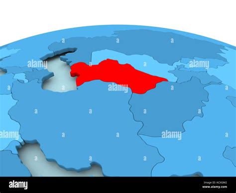 Mapa de Turkmenistán en rojo en el globo político azul Ilustración 3D