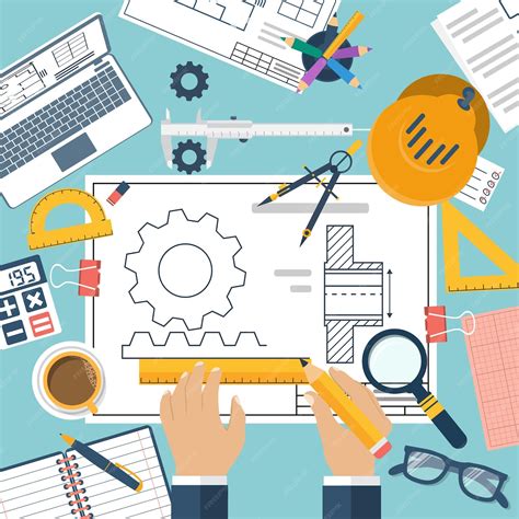 Инженер работает над планом. инженерный чертеж, техническая схема ...