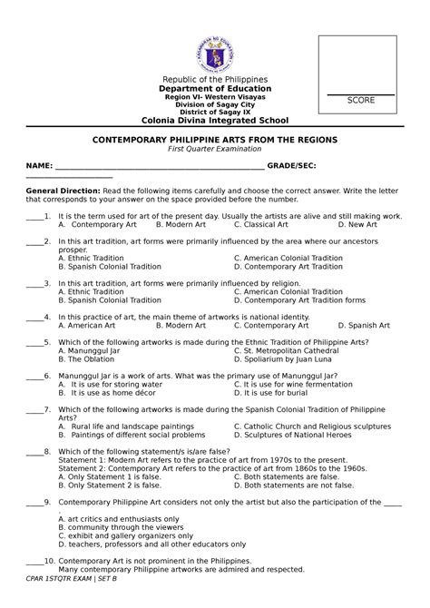 Cpar 1st Qtr B Qualifying Exam Republic Of The Philippines Department Of Education Region Vi