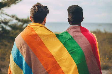 Rear View Of A Gay Couple Wearing A Gay Pride Rainbow Flag Generative Ai Stock Image Image Of