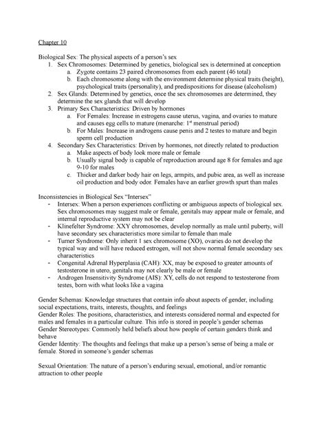 Psych Exam Study Guide Chapter Biological Sex The Physical Aspects Of A Persons Sex