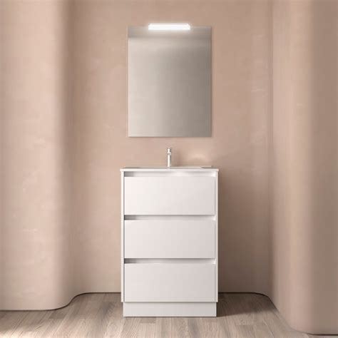 Meuble NOJA Blanc Brillant 3 Tiroirs 80 Cm Avec Vasque Miroir Et