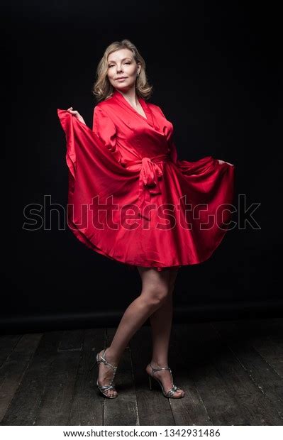 Sexy Blonde Red Dress Studio Stock Photo 1342931486 Shutterstock