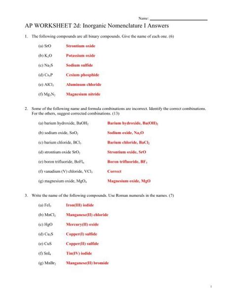 Ap Worksheet 2d Inorganic Nomenclature I Answers