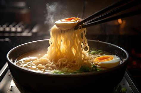 Premium Ai Image Closeup Of Piping Hot Ramen With Steam Rising From The Broth And Noodles