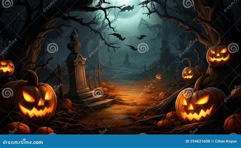 Halloween Design Background With Spooky Graveyard Naked Trees Graves And Bats And Copyspace