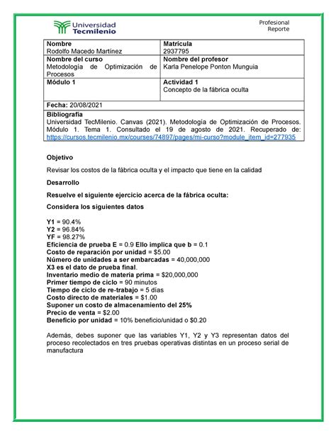 Actividad Metodolog A De Optimizaci N De Procesos Tecmilenio