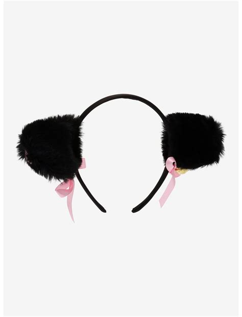 Black And Pink Ribbon Bell Fuzzy Cat Ear Headband Hot Topic