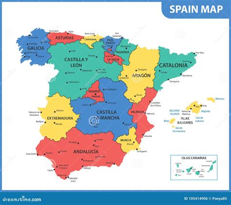 The Detailed Map of the Spain with Regions or States and Cities ...