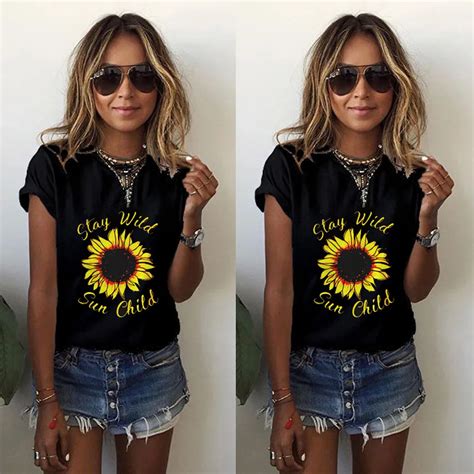 2019 Summer Plus Size Womens Sunflower Print T Shirt Loose Casual Tee