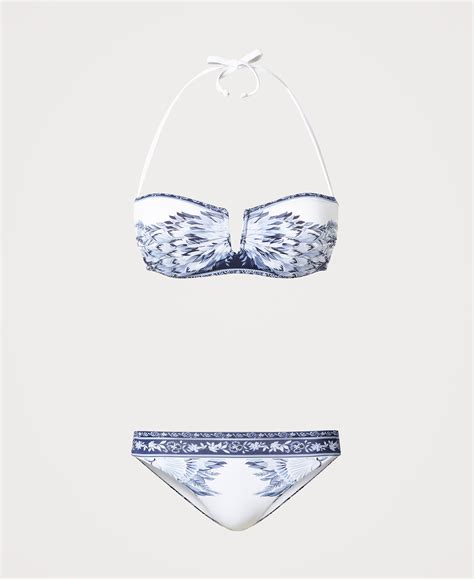 Printed Bikini With Bandeau Top And Thong Woman Blue Twinset Milano