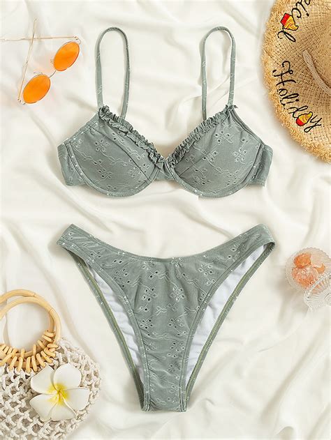 Frill Trim Eyelet Embroidery Push Up Bikini Swimsuit Shein Usa