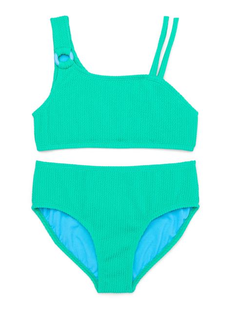 Wonder Nation Girls Green One Shoulder Bikini Swimsuit Set X Polyester Retro Walmart