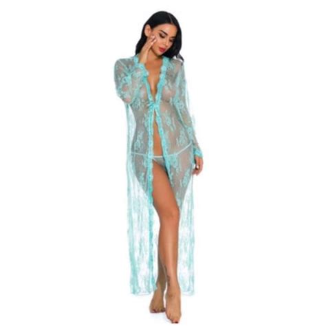 Sexy Lingerie Pyjama Dames Dentelle One Piece Lingerie Cardigan Perspective Long Bleu Ciel