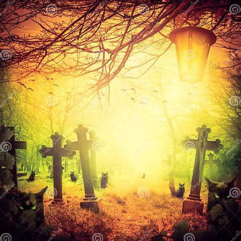 Halloween Illustration Night Cemetery Old Graves Cats Lanterns Stock