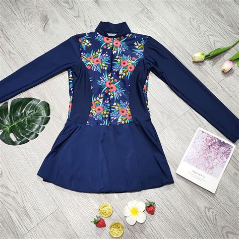 Đồ bơi nữ bikini 1 mảnh liền thân váy áo có khóa kéo dài tay váy họa tiết phối màu đẹp Bin