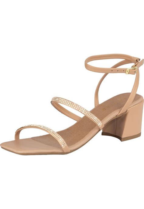 Sandália Feminina Salto Baixo Grosso Lumiss Tiras Strass Brilho Confortável Saltinho Nude