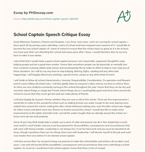 School Captain Speech Critique Essay