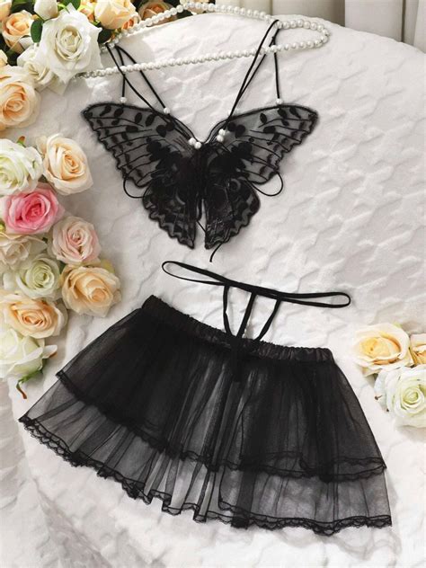 Butterfly Appliques Mesh Lingerie Set Etsy