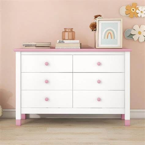 Modern Wood 6-Drawers White/Pink Dresser Storage Cabinet for Kids (47 ...