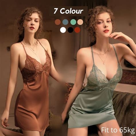 Ready Stock Plain Colour Satin Ice Silk Babydoll Sexy Lingerie Sleepwear Nightwear Pyjamas