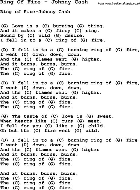 Song Ring Of Fire by Johnny Cash, song lyric for vocal performance plus ...