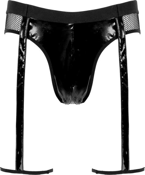 Hularka Mens Pvc Leather Fishnet Underwear Briefs Hot Knickers Bodycon Bugle Pouch Garters