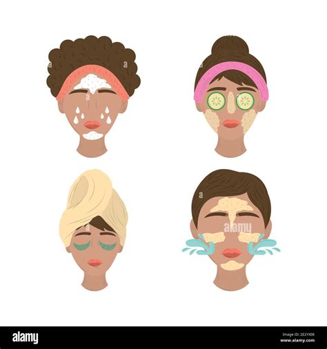 Collection Of Women Applying Facial Masks Care Of Skin Routine Vector