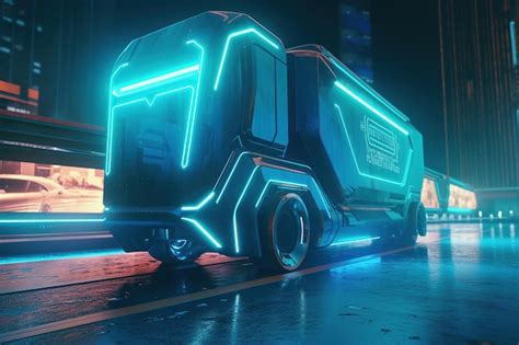 Premium AI Image Futuristic Autonomous Truck With Neon Lighting Along