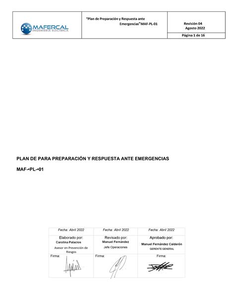 Plan De Preparaci N Y Respuesta Ante Emergencia Rev