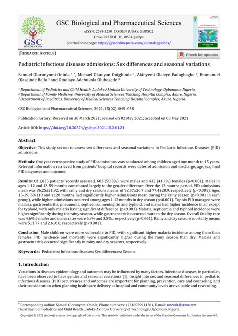 Pdf Pediatric Infectious Diseases Admissions Sex Differences And Seasonal Variations