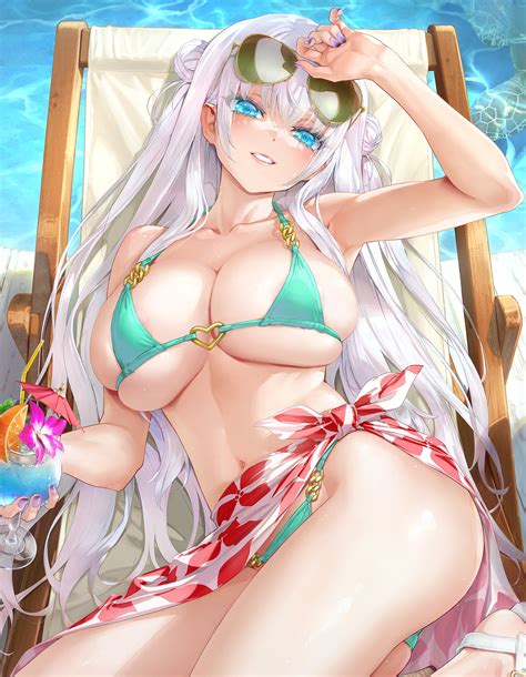 Happoubi Jin Original Highres Girl Arm Up Armpits Beach Chair Bikini Blue Eyes Blush