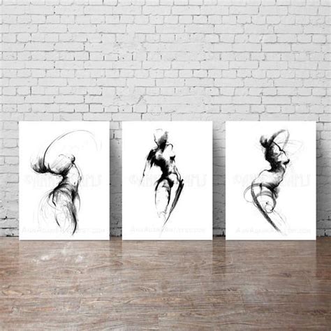 Set Of 3 Female Nude Figure Drawing Black And White Abstract Sketch Fine Art Print From
