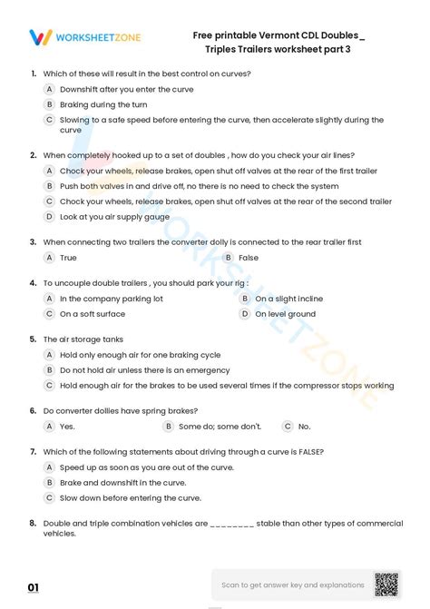 Free Printable Vermont Cdl Doubles Triples Trailers Worksheet Part 3