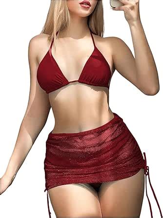 Amazon Oyoangle Women S Piece Triangle Halter Bikini Swimsuit With Mesh Beach Skirt Cover