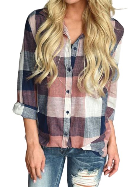 MAWCLOS Women S Plaid Shirt Roll Up Long Sleeve Tunic Button Down