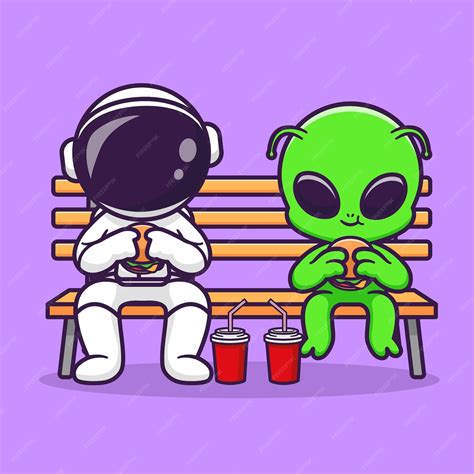 Premium Vector | Cute astronaut and alien eating fastfood on bench park ...