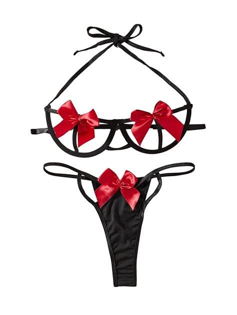 Sexy Lingerie Set Womens Exotic Cut Out Bow Two Piece Bra Thong Set
