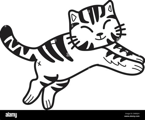 Hand Drawn Jumping Striped Cat Illustration In Doodle Style Isolated On