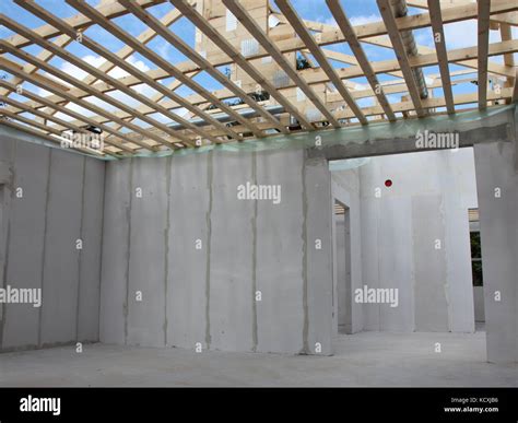 Inside New Constructed Unfinished Home With Roof Rafter Stock Photo Alamy