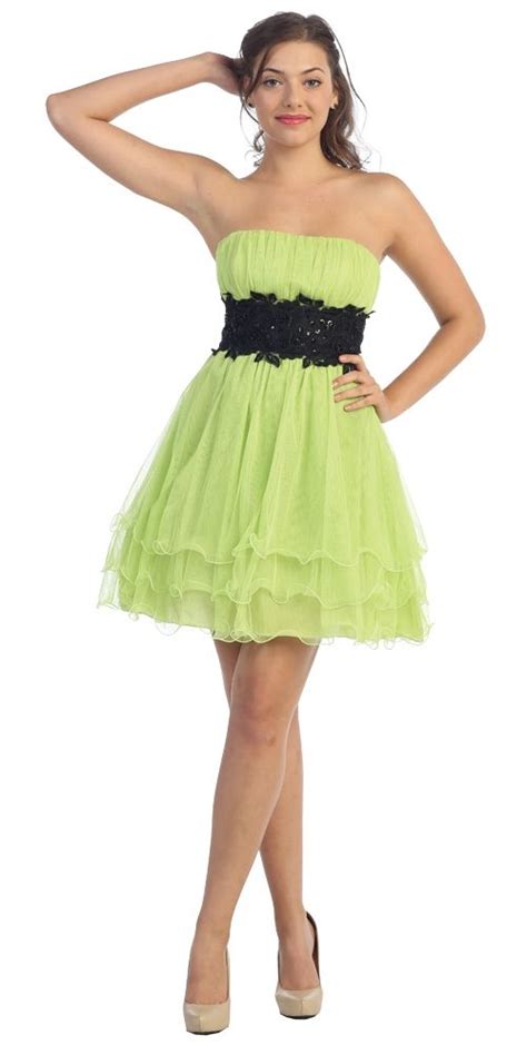 Lime Green Black Poofy A Line Short Dress Strapless Ruffled Hem Tulle