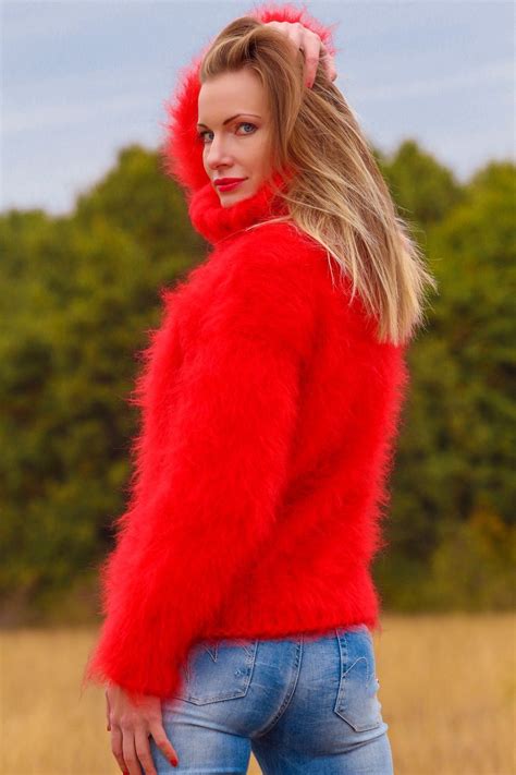 Bright Red Hand Knit Mohair Sweater Fuzzy Soft Turtleneck Jumper