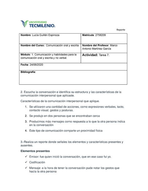 Evidencia 1 Comunicación oral y escrita Reporte Nombre Lucía