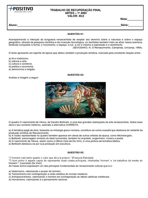 Questões Renascimento - Recuperação final de Artes do 1o ano: questões sobre o Renascimento e o ...