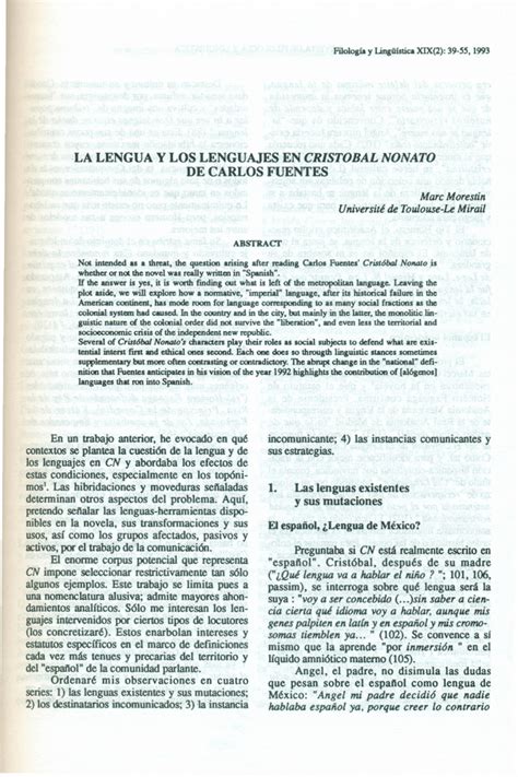 Pdf La Lengua Y Los Lenguajes En Cristóbal Nonato De Carlos Fuentes